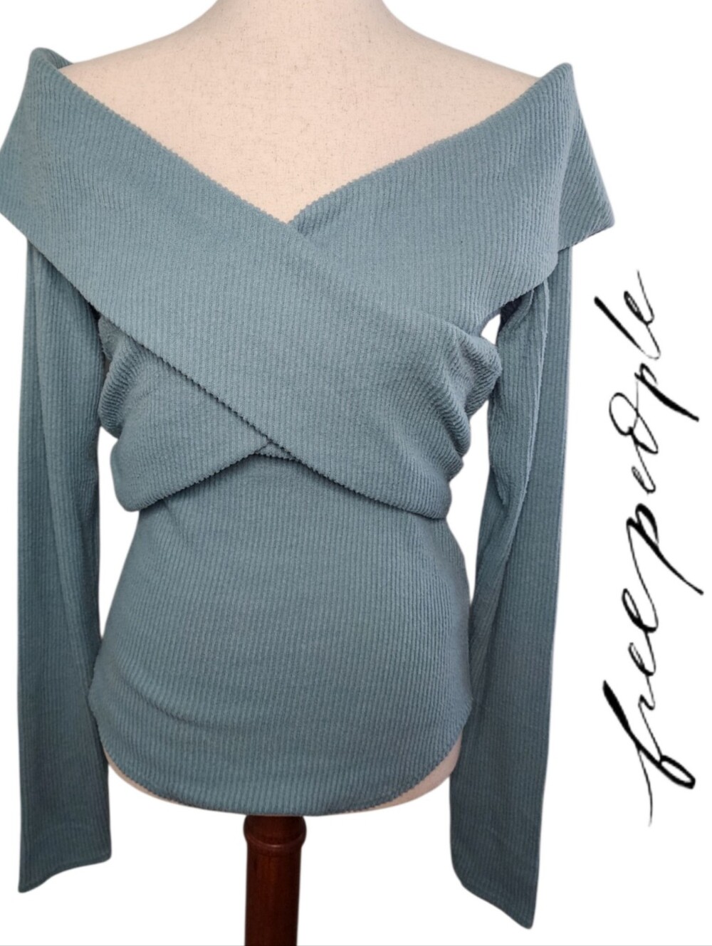 Free People Marley Top Long Sleeve Chic Off Shoulder Design Slate Blue Large